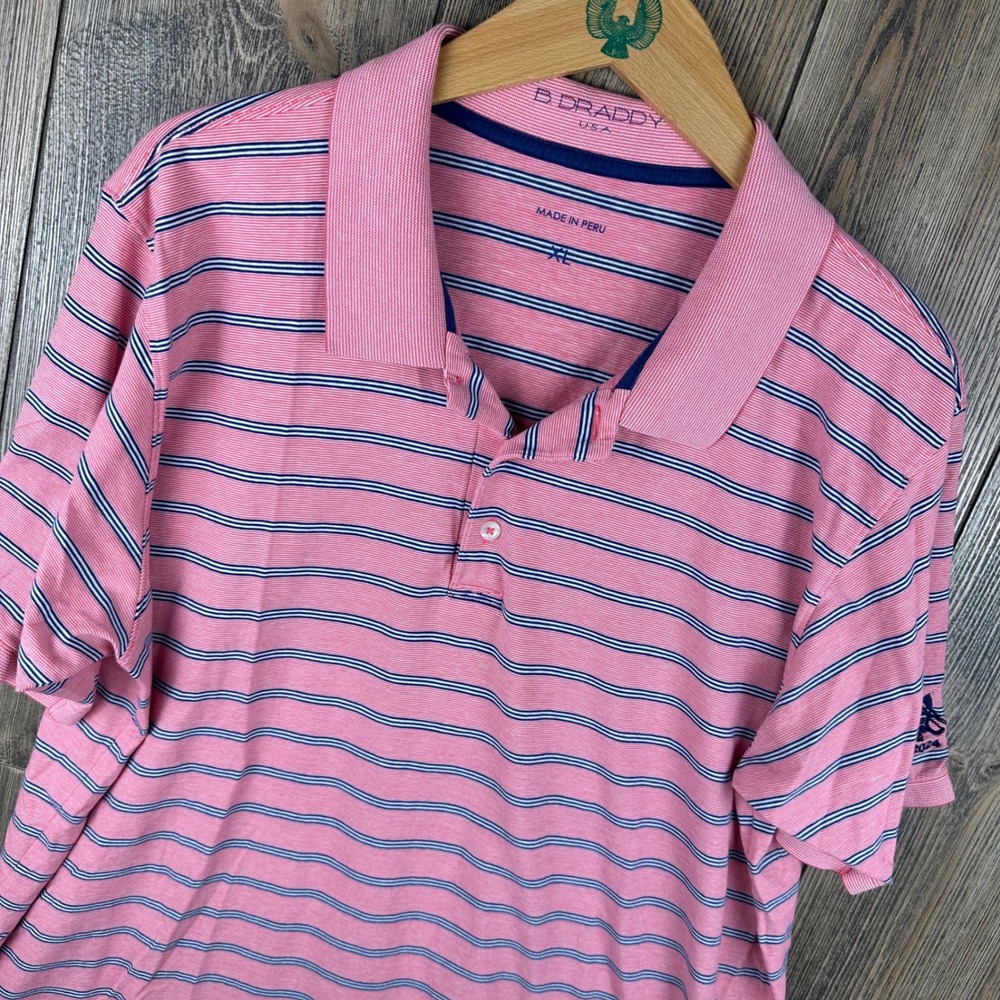 B. Draddy USA Pima Cotton Polo Shirt Mens XL Pink Navy Blue Striped Logo